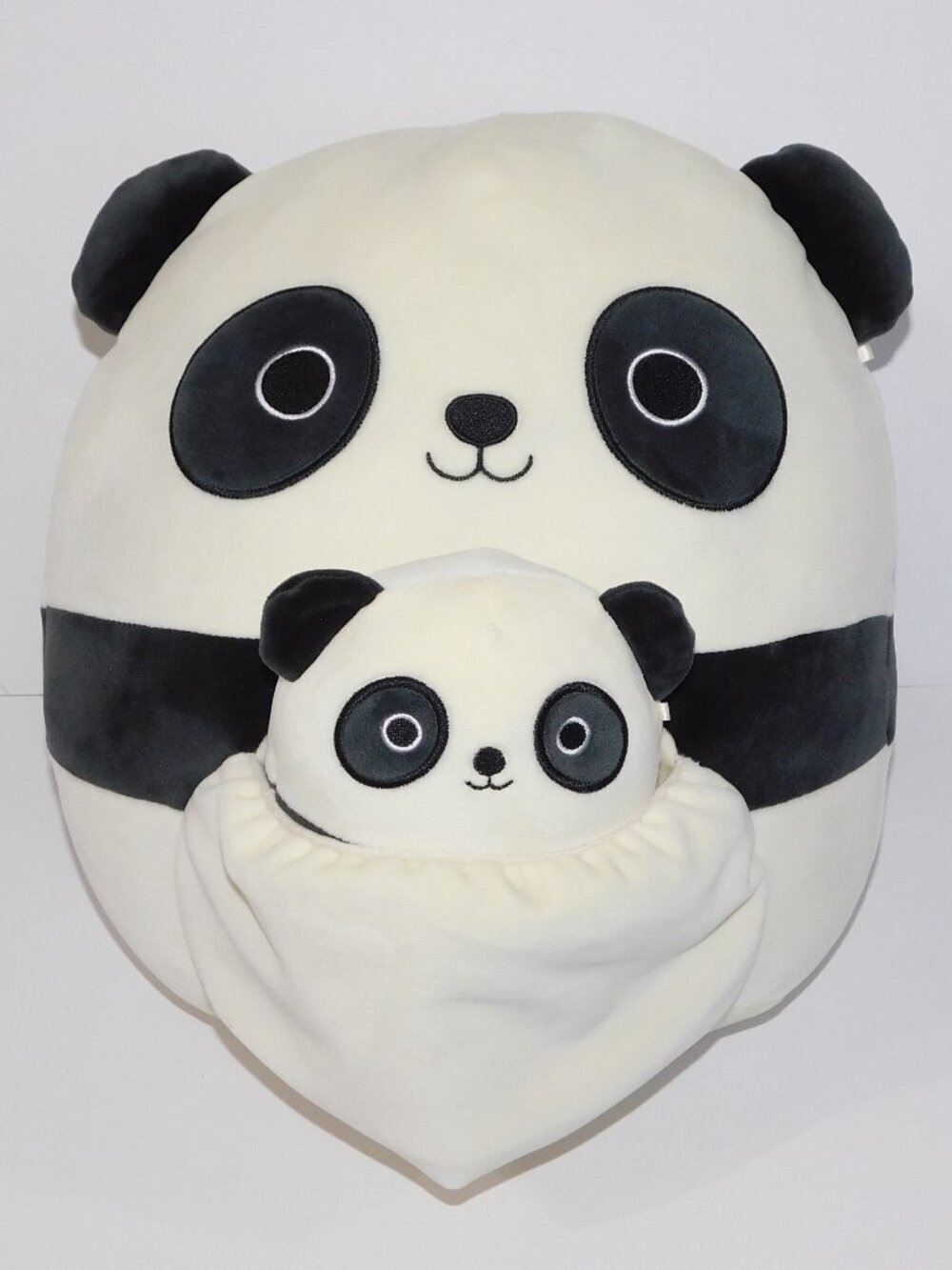 Squishmallows Stanley Panda Mom 12" and Baby 5" Pouch Bear Black White Plush Set
